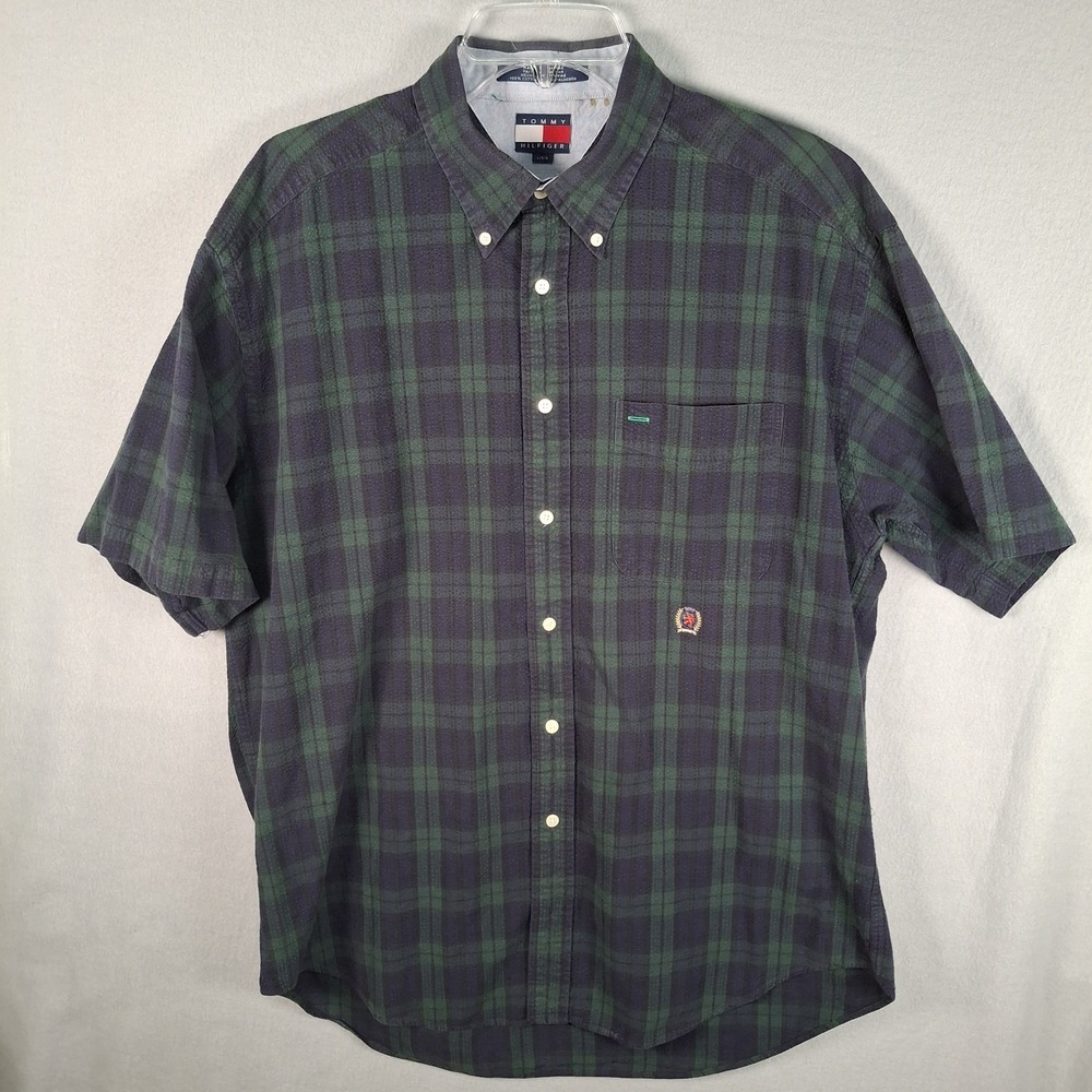 VTG 90s Tommy Hilfiger Seersucker Plaid Shirt Men L Green Navy Blue Blackwatch - Picture 3 of 9